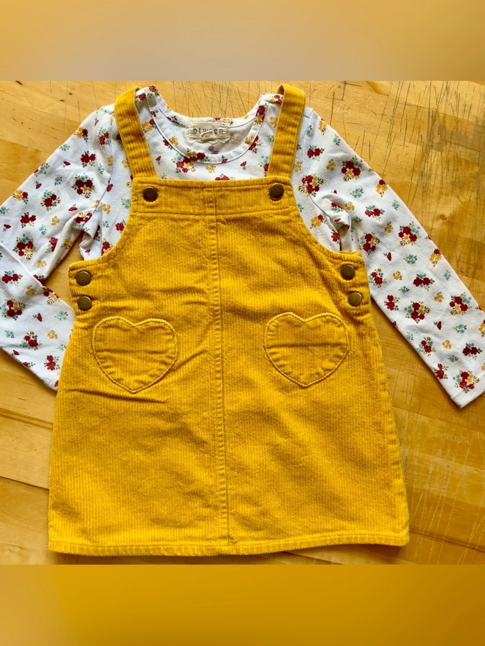 Between Mustard Corduroy Jumper Dress & Floral Top Set Girls Size 4T